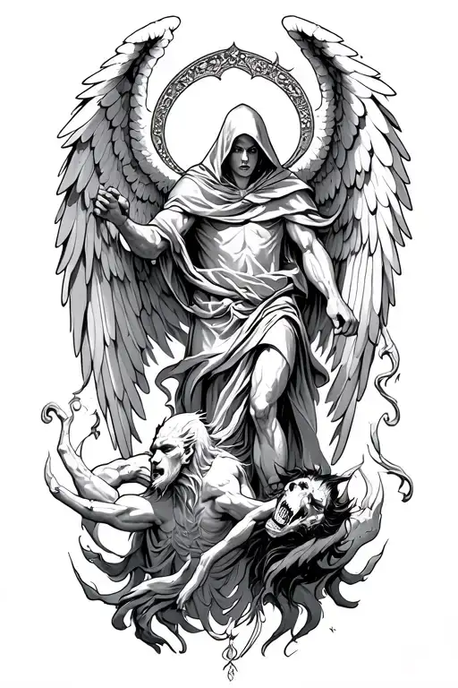 hooded arch angel defeating a demon tattoo design idea
