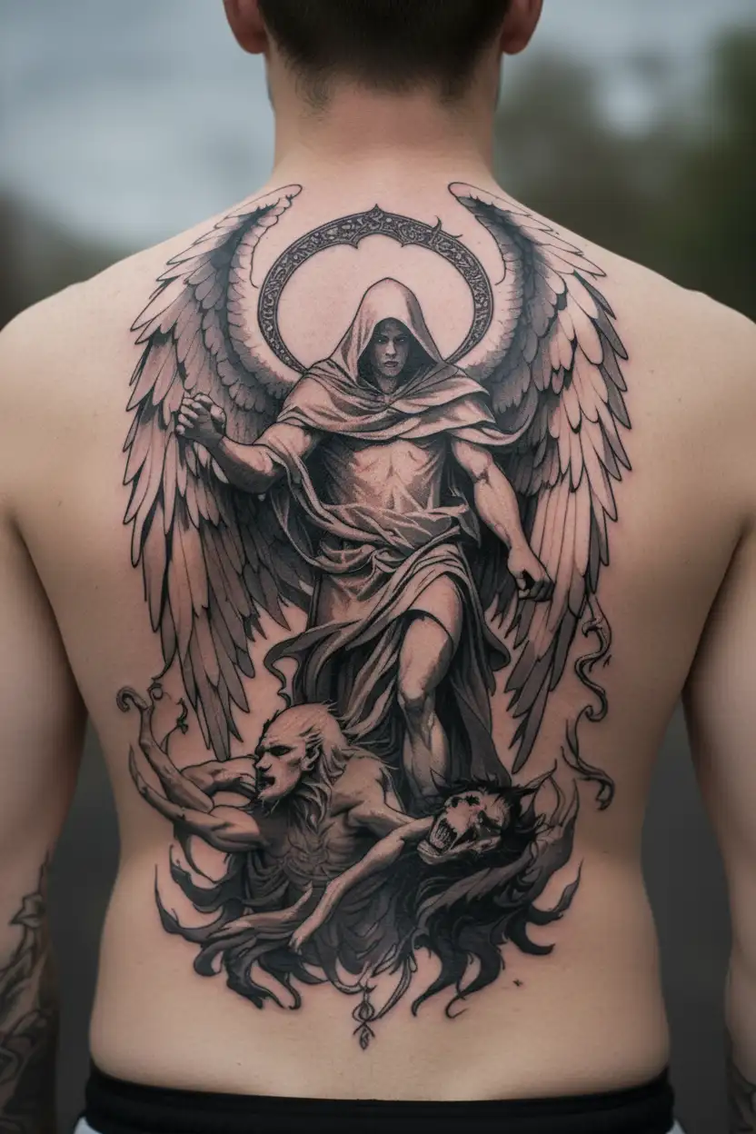 hooded arch angel defeating a demon tattoo design idea