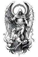 hooded arch angel defeating a demon tattoo design idea