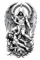 hooded arch angel defeating a demon tattoo design idea