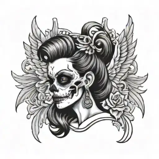 rockabilly skull female angel tattoo design idea