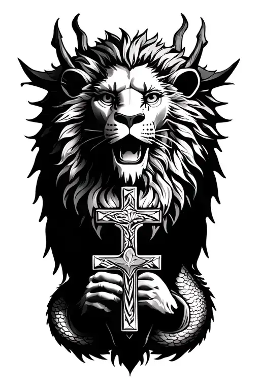 Lion head on dragon body holding small crucifix not symetrical tattoo design idea