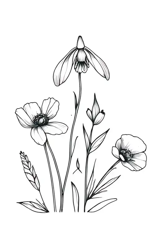 wildflower, snowdrop and poppy flowers tattoo design idea