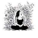 woman sitting empowered, looking at the sky, flowers blooming around her tattoo design idea