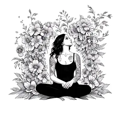 woman sitting empowered, looking at the sky, flowers blooming around her tattoo design idea