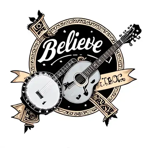 banjo and mandolin crossing with a banner above that says "believe" tattoo design idea