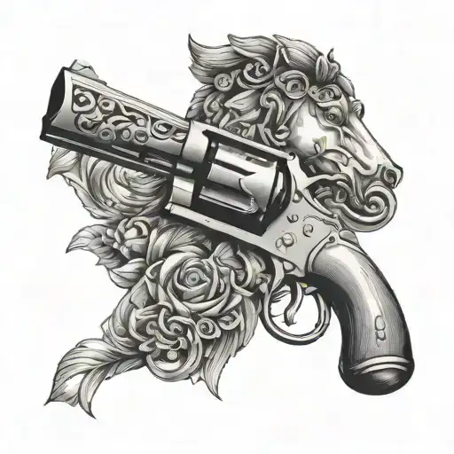 A minimalist revolver with a horse motif engraved on the handle and a leg garter tattoo design idea