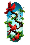 twisting tree with 3 different style cardinals flying off it tattoo design idea