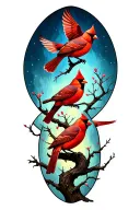 twisting tree with 3 different style cardinals flying off it tattoo design idea
