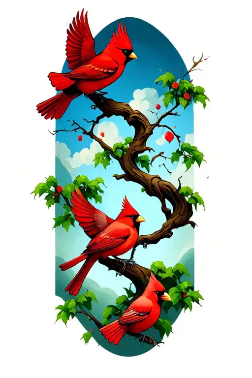 twisting tree with 3 different style cardinals flying off it tattoo design idea
