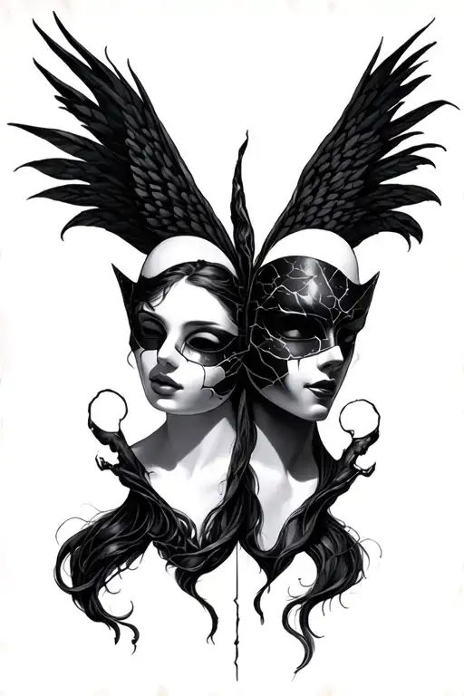 I want a Gemini half sleeve , with two masks (cracked) , one upside down and the other right side up , one happy and one tattoo design idea