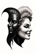 I want a Gemini half sleeve , with two masks (cracked) , one upside down and the other right side up , one happy and one tattoo design idea