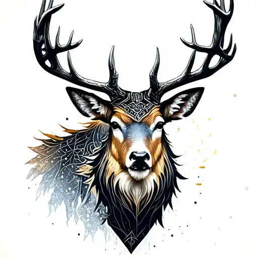 Noble stag combining Patronus spirit and Baratheon strength, semi-realistic blackwork with geometric forms and dotwork tattoo design idea