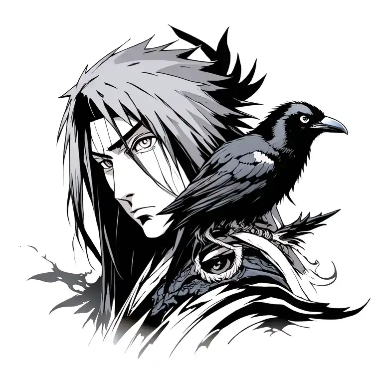 Itachi Uchiha with eyes and crow and also Susanoo tattoo design idea