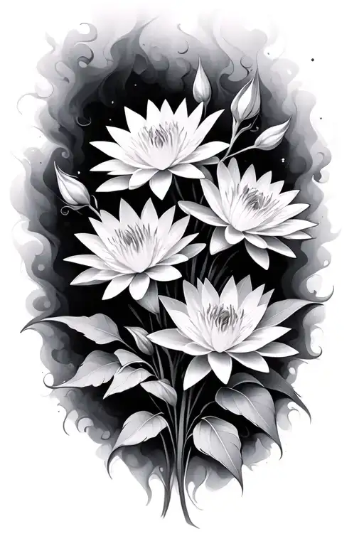 waterlily and larkspur flowers with dark black Smokey wispy background tattoo design idea