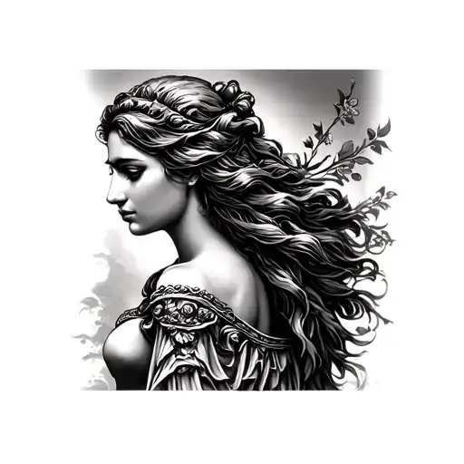 Create a full back tattoo for women in black and white of a Greek goddess that can be compared to Leo♌️ tattoo design idea
