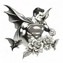 Get a very sweet tattoo that features the superman logo and batman emblem with some sweet flowers and birds. tattoo design idea