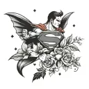 Get a very sweet tattoo that features the superman logo and batman emblem with some sweet flowers and birds. tattoo design idea