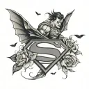 Get a very sweet tattoo that features the superman logo and batman emblem with some sweet flowers and birds. tattoo design idea