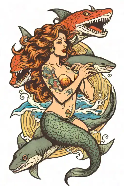 mermaid with shark tattoo design idea