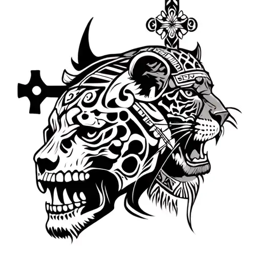 Aztec tribal tattoos with skulls, crosses and jaguar warrior made with AI tattoo design idea
