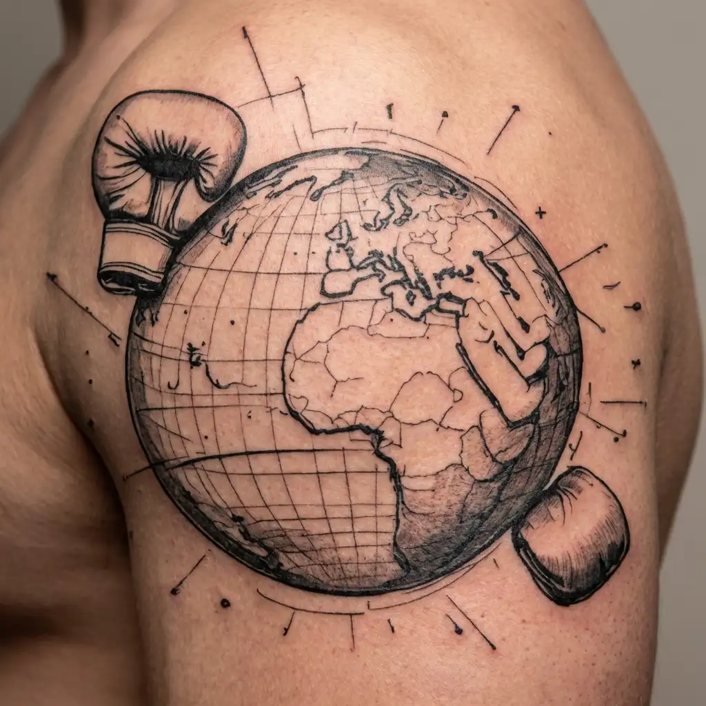 Abstract globe with boxing gloves as the equator, symbolizing the client's passion for sports and travel tattoo design idea