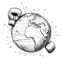 Abstract globe with boxing gloves as the equator, symbolizing the client's passion for sports and travel tattoo design idea