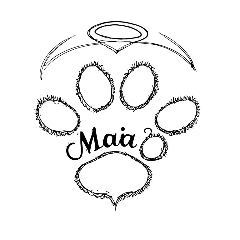 "Maia" Hand-drawn heart-shaped dog’s paw print with a halo above it. The name “Maia” inside the paw print tattoo design idea