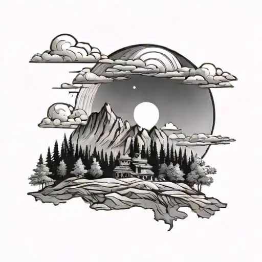 background with tibetan mountains, moon in the sky. a couple watching the sky in the forest. tattoo design idea