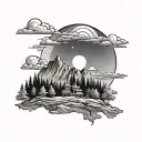 background with tibetan mountains, moon in the sky. a couple watching the sky in the forest. tattoo design idea