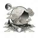 background with tibetan mountains, moon in the sky. a couple watching the sky in the forest. tattoo design idea