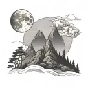 background with tibetan mountains, moon in the sky. a couple watching the sky in the forest. tattoo design idea