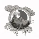 background with tibetan mountains, moon in the sky. a couple watching the sky in the forest. tattoo design idea