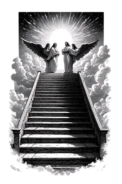 stairway to heaven walking up stairs angels sun rays clouds heaven gate at the top of the stairs  tattoo design idea