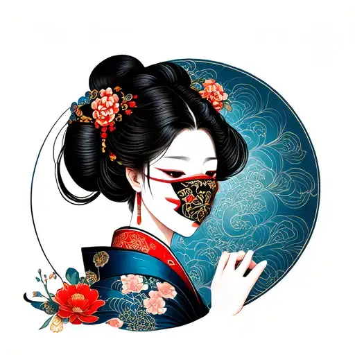 Japanese woman with omni mask tattoo design idea