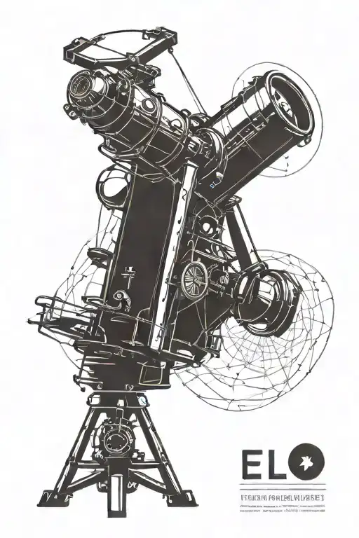 A minimalist blackwork tattoo of a telescope looking out into space, with subtle nods to Einstein's theory of relativity and Tesla's inventions tattoo design idea