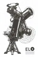 A minimalist blackwork tattoo of a telescope looking out into space, with subtle nods to Einstein's theory of relativity and Tesla's inventions tattoo design idea