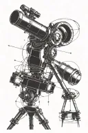 A minimalist blackwork tattoo of a telescope looking out into space, with subtle nods to Einstein's theory of relativity and Tesla's inventions tattoo design idea