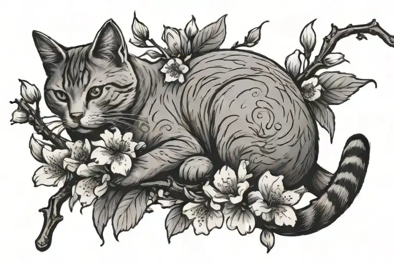 2 cherry blossom branches with a cat laying on the branch. the word Mello on one of the branches tattoo design idea