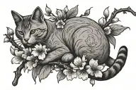 2 cherry blossom branches with a cat laying on the branch. the word Mello on one of the branches tattoo design idea