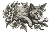 2 cherry blossom branches with a cat laying on the branch. the word Mello on one of the branches tattoo design idea
