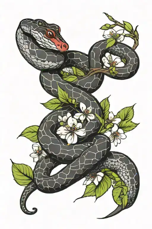 A rusty red corn snake and a green and black ball python wrapped around a blooming cherry blossom branch tattoo design idea