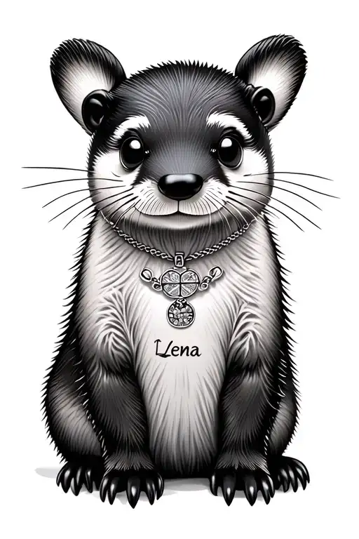 Baby otter with pendant with the first name Lena and the date of birth 08-02-12 registered on it tattoo design idea