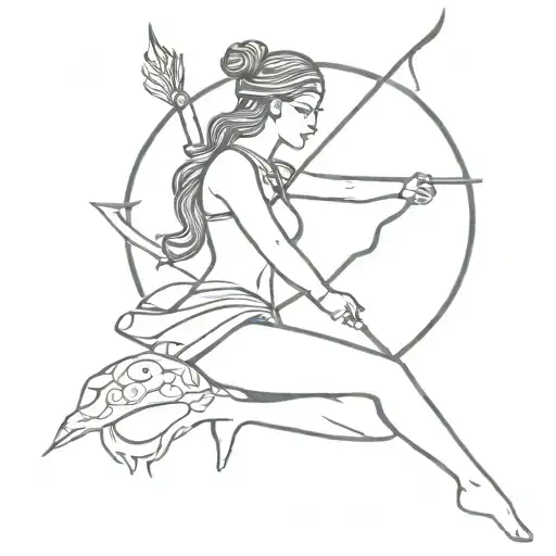 A huntress goddess with elements of the moon and a bow and arrow tattoo design idea