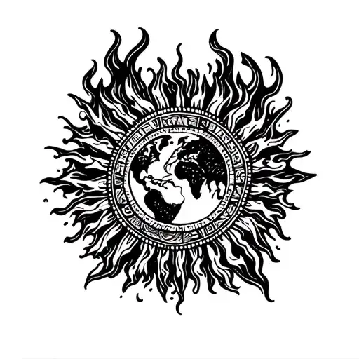 aztec sun with aztec dragon world on fire flames tattoo design idea