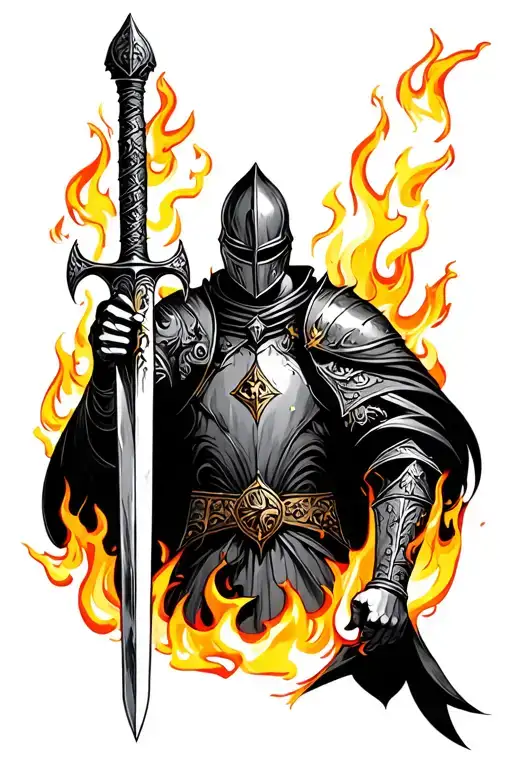 Black knight with battle damage holding Excalibur by the handle in front of him pointing down. Surrounded in flames tattoo design idea