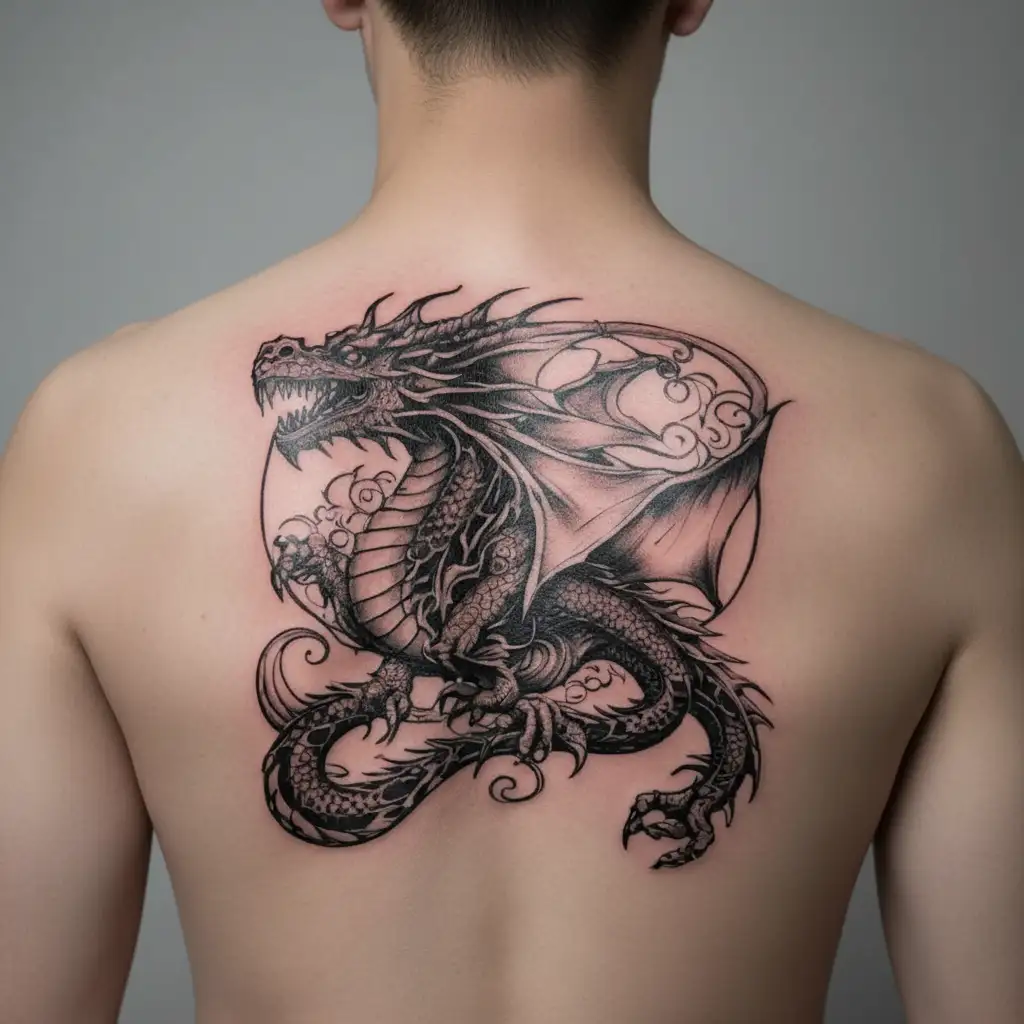 a dragon circling up my arm to the shoulder and up to my traps and on towards the collarbone tattoo design idea
