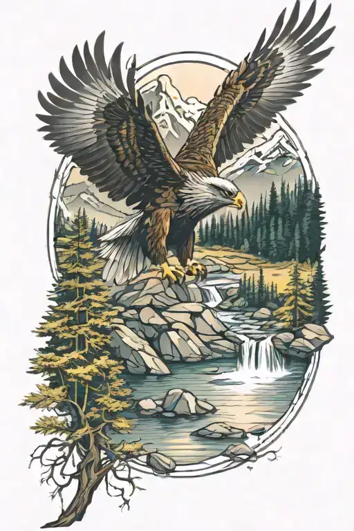 mountain stream forest wolf reflection lake 4 seasons golden eagle tattoo design idea
