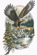 mountain stream forest wolf reflection lake 4 seasons golden eagle tattoo design idea