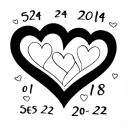 4 hearts with dates 05 24 2014, 01 17 2020, 01 18 2021, 05 23 2022 all connecting tattoo design idea